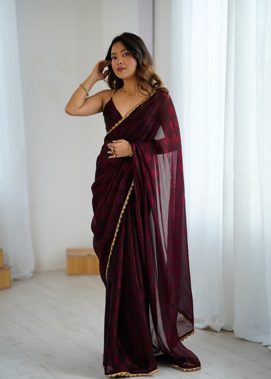 Maroon Embellished NC Chiffon Checks Festive Saree For Women