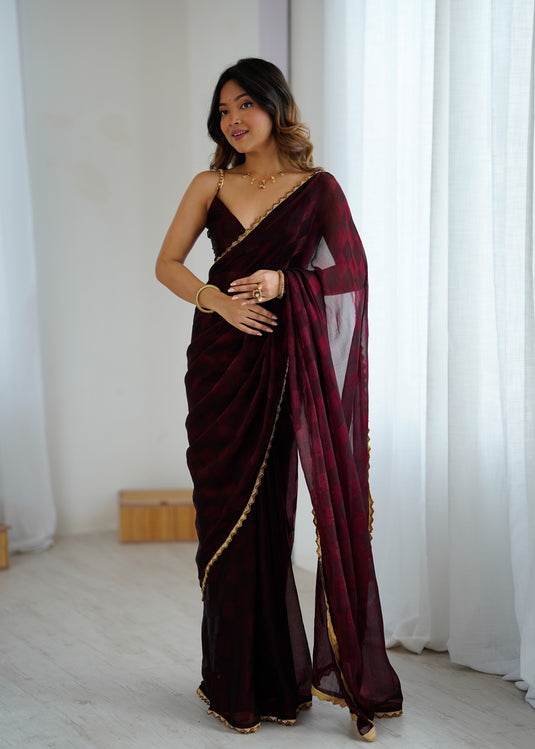 Maroon Embellished NC Chiffon Checks Festive Saree For Women