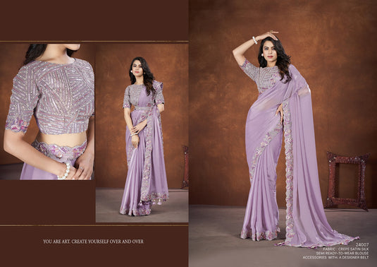 Designer Purple Thread & Sequins Embroidered Crepe Satin Silk Banarasi Crush Silk Festive Wear Saree with Readymade Blouse & Waist Belt