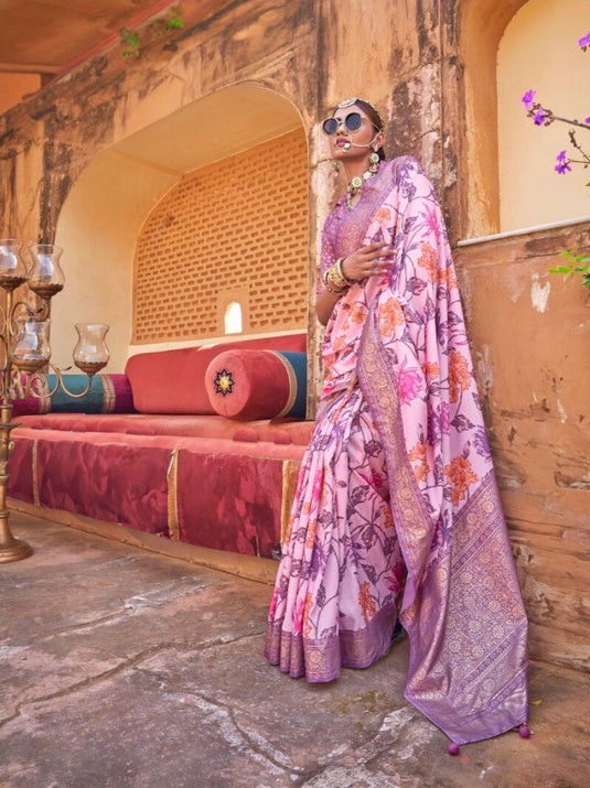 Beige Poly Viscose Silk Floral Print Festive Wear Woven Saree