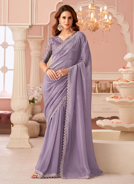 Elegant Purple Satin Shimmer Chiffon Georgette Embroidered Festive Saree For Women