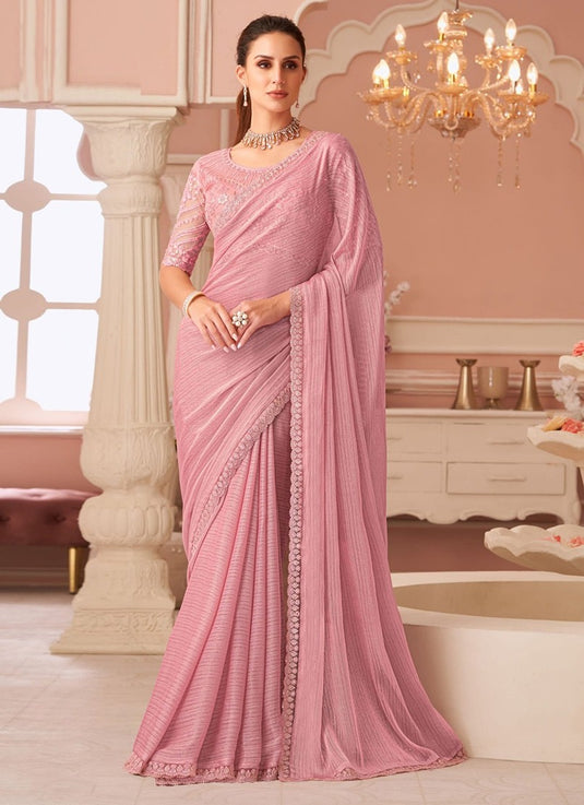 Elegant Purple Satin Shimmer Chiffon Georgette Embroidered Festive Saree For Women