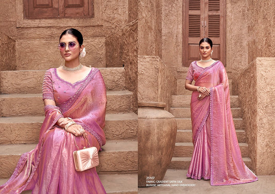Elegant Mauve Hand Embroidery Work Gradient Satin Silk Festive Saree with Readymade Heavy Blouse