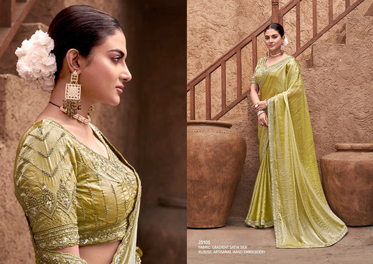 Elegant Mauve Hand Embroidery Work Gradient Satin Silk Festive Saree with Readymade Heavy Blouse