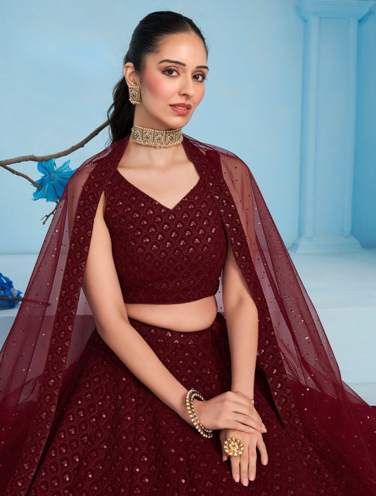 Beige Georgette Sequins & Thread Embroidered Semi Stitched Bridal Lehenga Choli