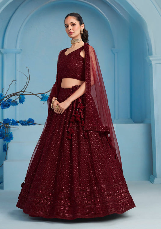 Beige Georgette Sequins & Thread Embroidered Semi Stitched Bridal Lehenga Choli