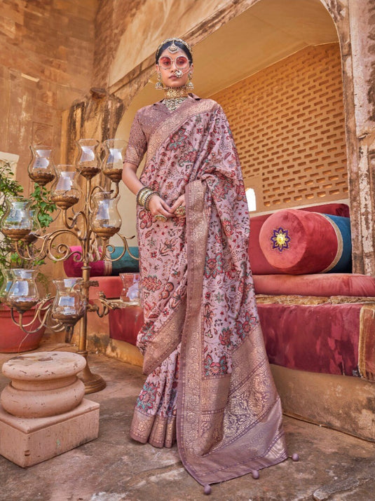 Beige Poly Viscose Silk Floral Print Festive Wear Woven Saree