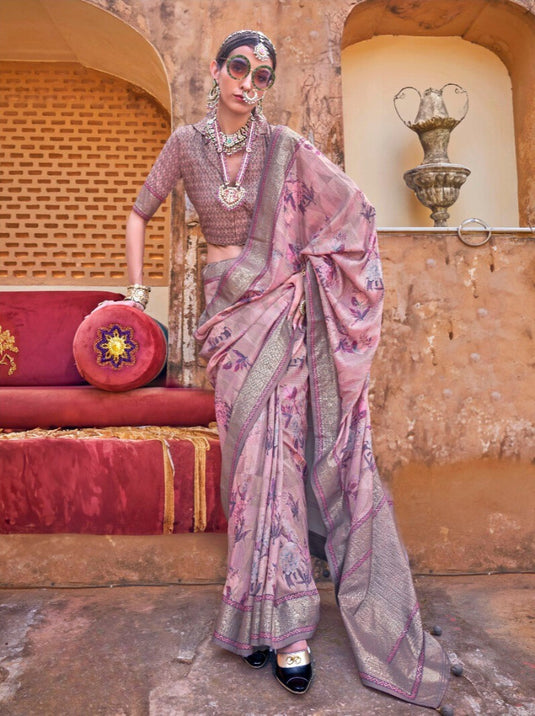 Beige Poly Viscose Silk Floral Print Festive Wear Woven Saree