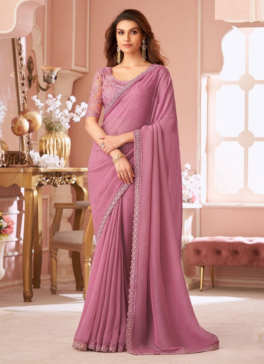 Elegant Purple Satin Shimmer Chiffon Georgette Embroidered Festive Saree For Women