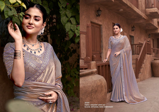 Elegant Mauve Hand Embroidery Work Gradient Satin Silk Festive Saree with Readymade Heavy Blouse