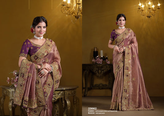 Elegant Purple Georgette Organza Silk Sequins Embroidered Khatli Work Festive Wear Saree