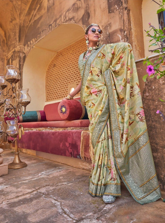 Beige Poly Viscose Silk Floral Print Festive Wear Woven Saree