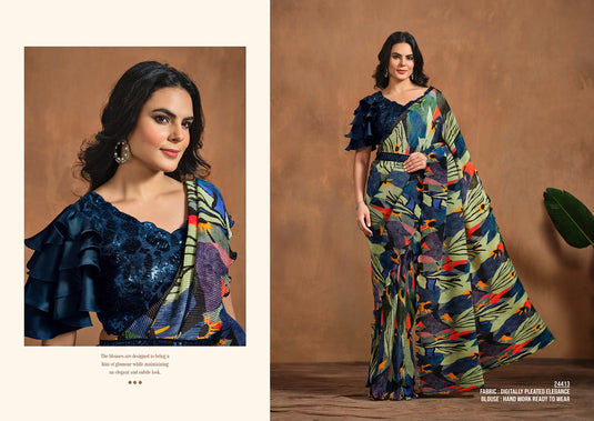 Designer Cream Hand Work Pure Satin Crepe Silk Festive Wear Saree with Readymade Blouse & Waist Belt