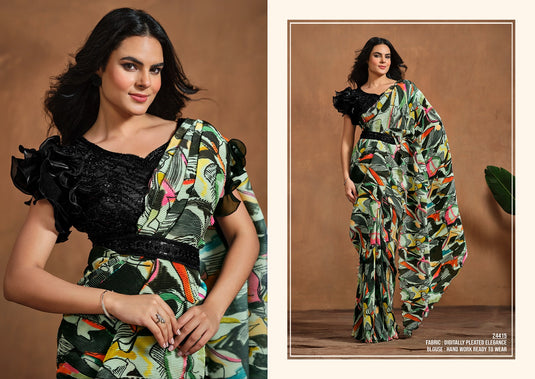 Designer Cream Hand Work Pure Satin Crepe Silk Festive Wear Saree with Readymade Blouse & Waist Belt