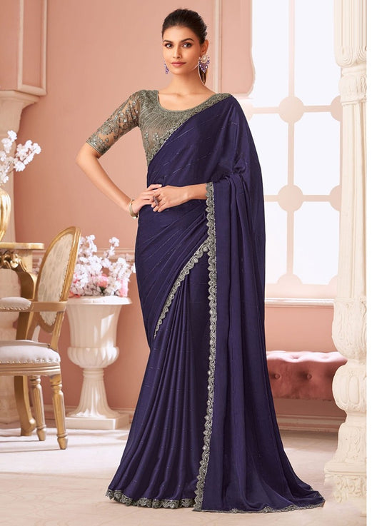 Elegant Purple Satin Shimmer Chiffon Georgette Embroidered Festive Saree For Women