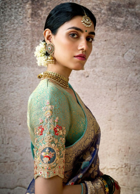 Designer Navy Blue Kora Banarasi Art Silk Festive Wear Saree For Women