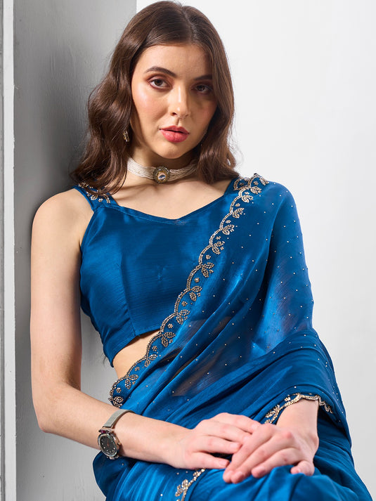 Blue Satin Chiffon Zarkan Stone Embellished Festive Wear Saree
