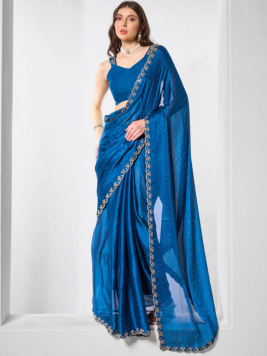 Blue Satin Chiffon Zarkan Stone Embellished Festive Wear Saree