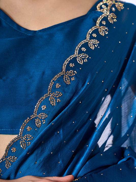 Blue Satin Chiffon Zarkan Stone Embellished Festive Wear Saree