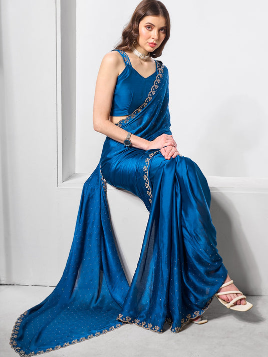 Blue Satin Chiffon Zarkan Stone Embellished Festive Wear Saree