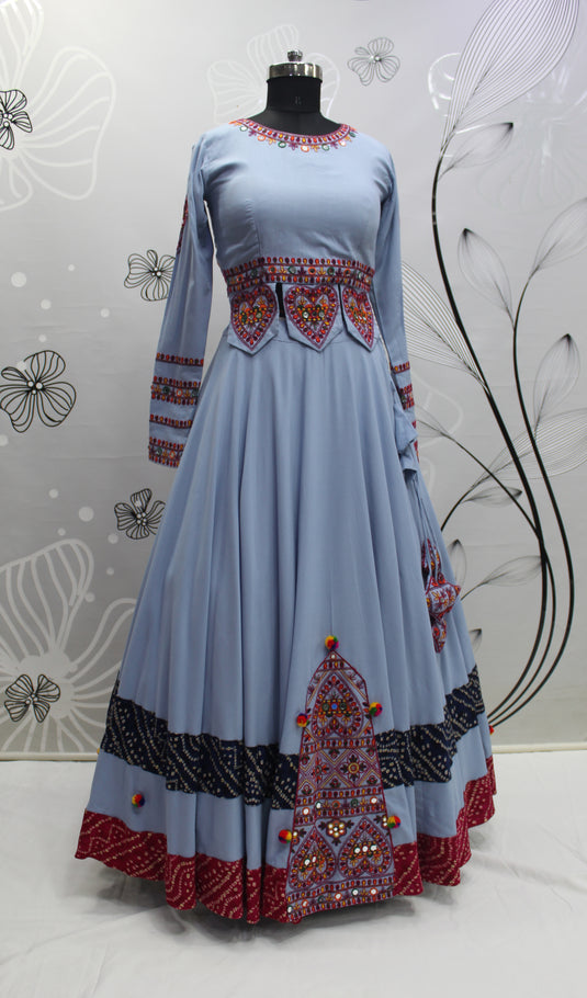 Powder Blue Viscose Rayon Thread And Mirror Embroidered Fully Stitched Lehenga Choli