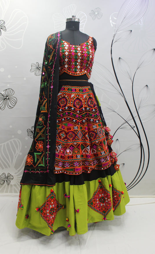 Black Viscose Rayon Thread Embroidered Semi Stitched Lehenga Choli
