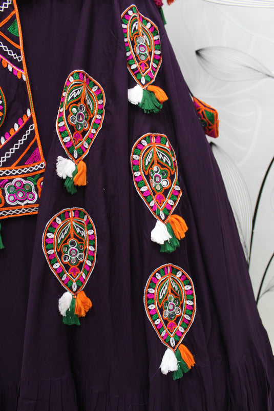 Purple Viscose Rayon Thread Embroidered Mirror Work Semi Stitched Lehenga Choli