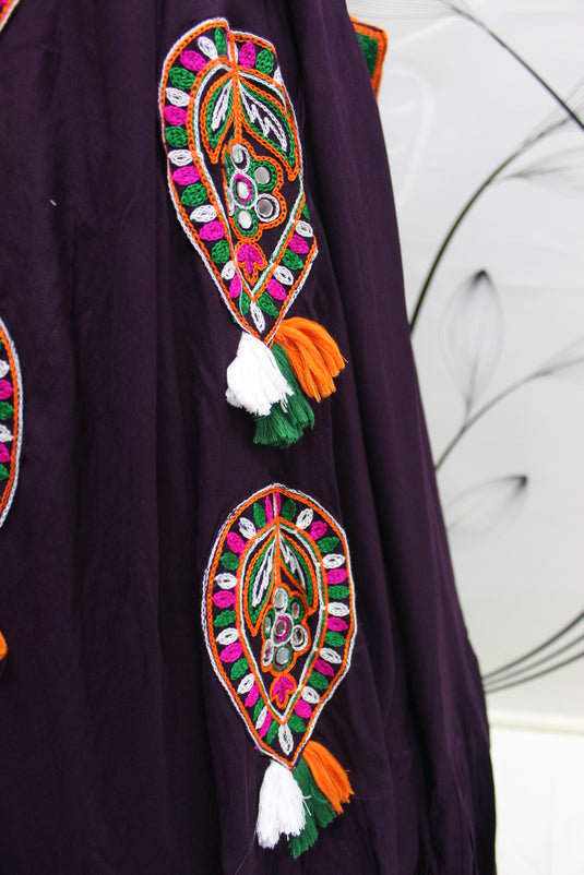 Purple Viscose Rayon Thread Embroidered Mirror Work Semi Stitched Lehenga Choli