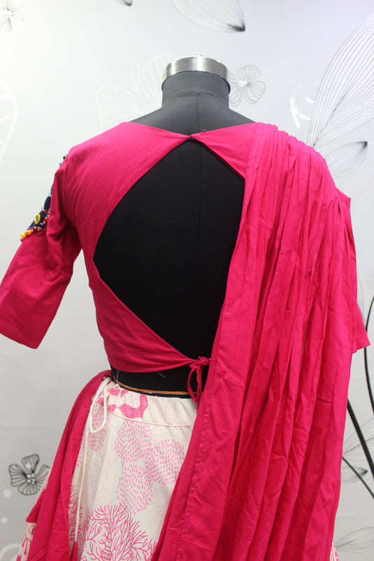 White-Pink Rayon Printed Semi Stitched Lehenga Choli