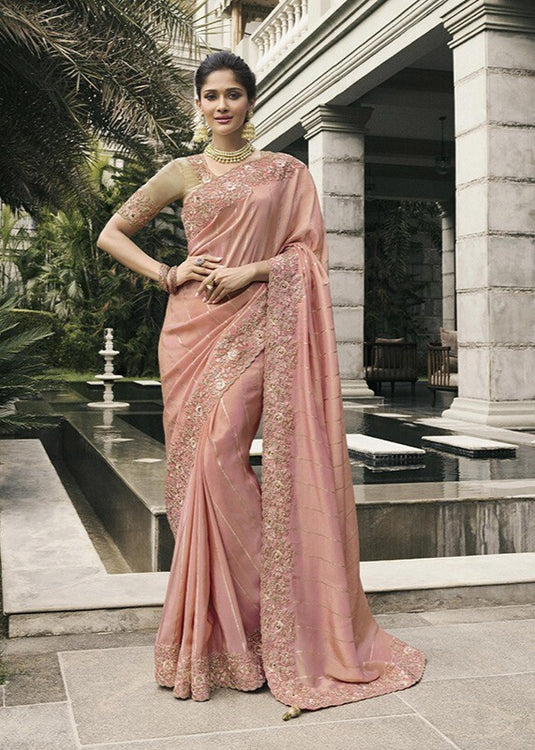 Beige Tissue Silk Stone Pearl Embroidered Mirror Work Festive wear Saree