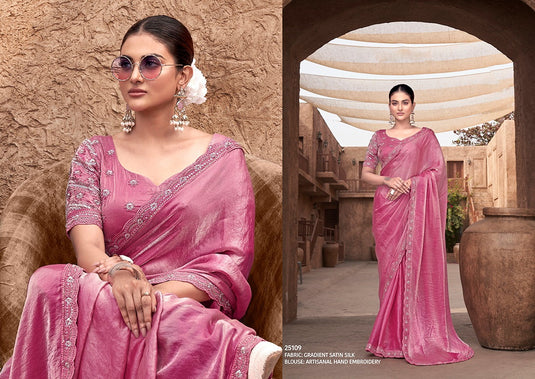 Elegant Mauve Hand Embroidery Work Gradient Satin Silk Festive Saree with Readymade Heavy Blouse