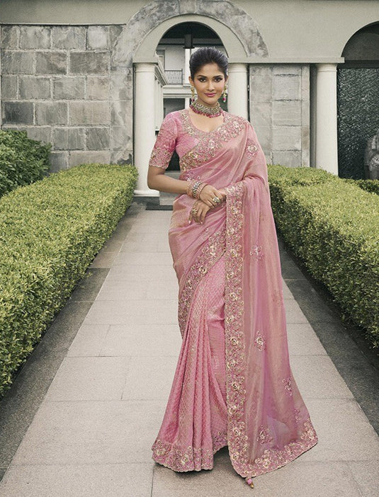 Beige Tissue Silk Stone Pearl Embroidered Mirror Work Festive wear Saree