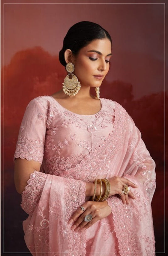 Beige Georgette Thread & Sequins Embroidered Festive Wear Saree with Blouse