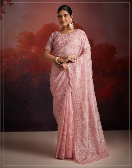 Beige Georgette Thread & Sequins Embroidered Festive Wear Saree with Blouse