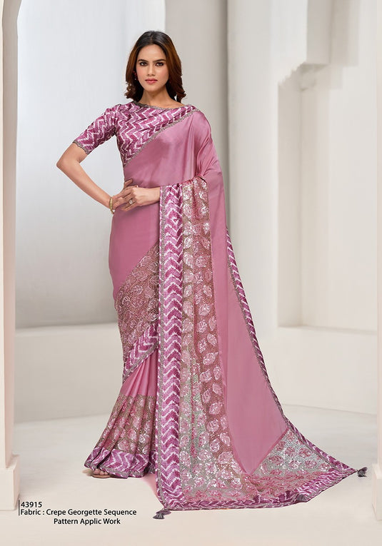 Designer Dark Pink Sequins Hand Embroidered Crepe Satin Silk Georgette Festive Wear Saree