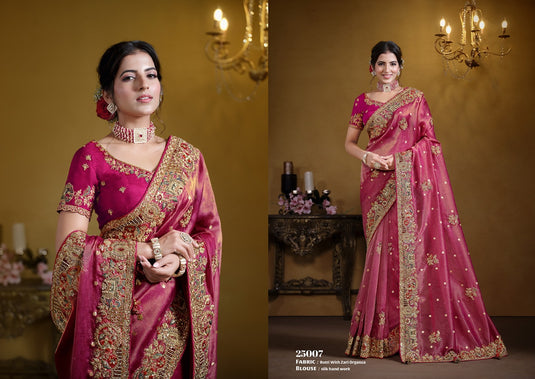 Elegant Purple Georgette Organza Silk Sequins Embroidered Khatli Work Festive Wear Saree