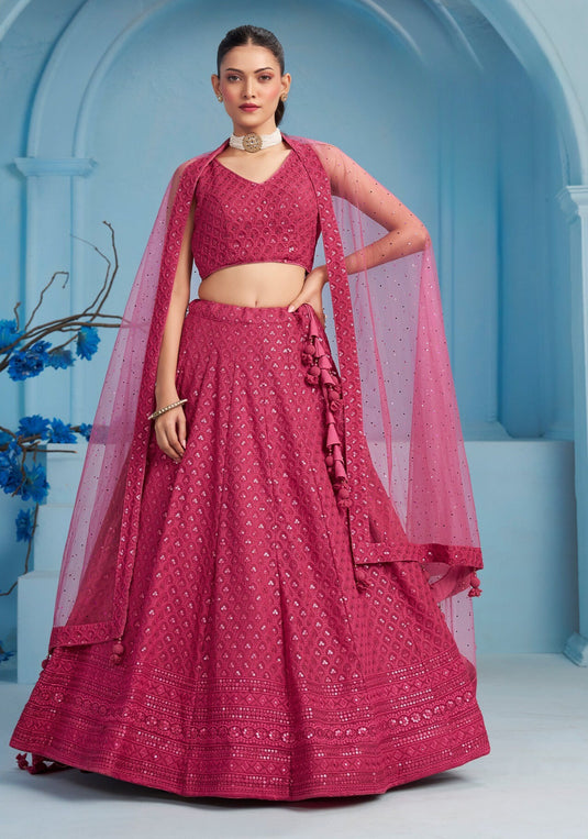 Beige Georgette Sequins & Thread Embroidered Semi Stitched Bridal Lehenga Choli