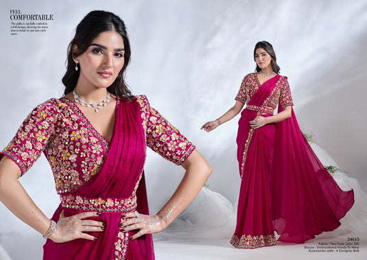 Elegant Black Sequins Embroidered Two Tone Crepe Satin Silk Hand & Mirror Work Festive Saree with Readymade Heavy Blouse