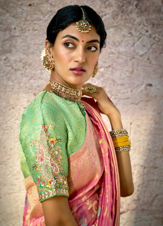 Designer Navy Blue Kora Banarasi Art Silk Festive Wear Saree For Women