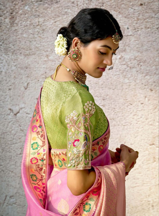 Designer Navy Blue Kora Banarasi Art Silk Festive Wear Saree For Women