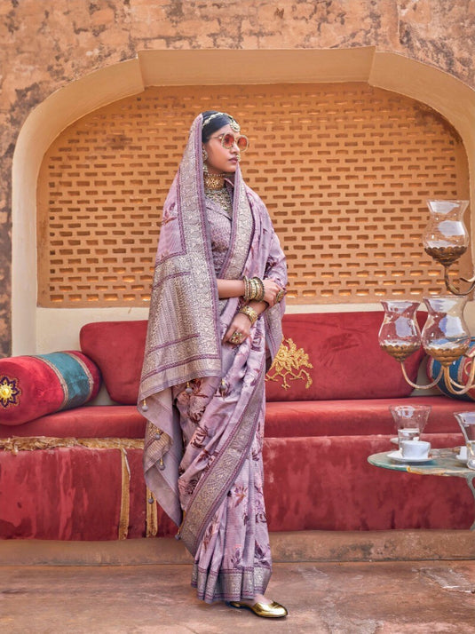 Beige Poly Viscose Silk Floral Print Festive Wear Woven Saree