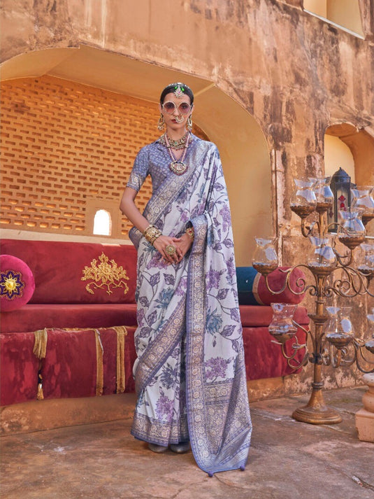 Beige Poly Viscose Silk Floral Print Festive Wear Woven Saree