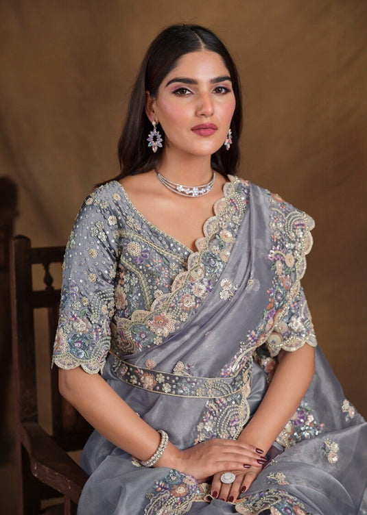 Elegant Blue Hand Embroidery Work Two Tone Satin Organza Silk Festive Saree with Belt