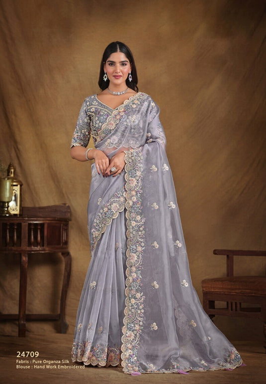 Elegant Blue Hand Embroidery Work Two Tone Satin Organza Silk Festive Saree with Belt