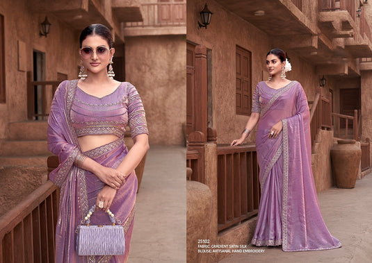 Elegant Mauve Hand Embroidery Work Gradient Satin Silk Festive Saree with Readymade Heavy Blouse