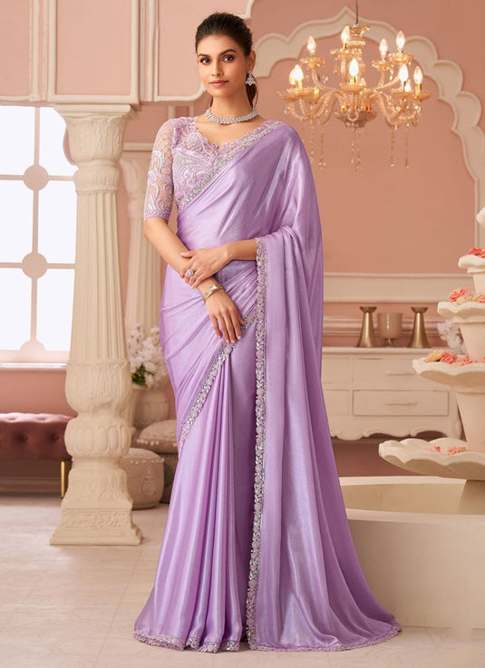 Elegant Purple Satin Shimmer Chiffon Georgette Embroidered Festive Saree For Women