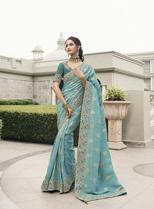 Beige Tissue Silk Stone Pearl Embroidered Mirror Work Festive wear Saree