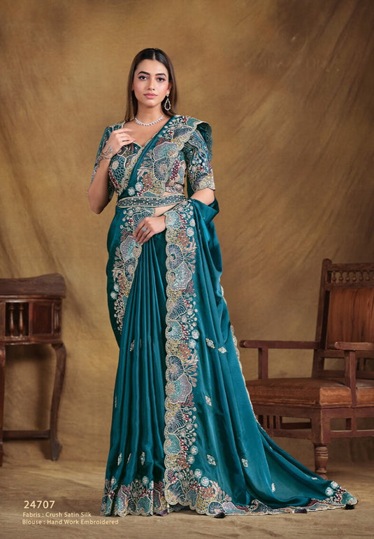Elegant Blue Hand Embroidery Work Two Tone Satin Organza Silk Festive Saree with Belt