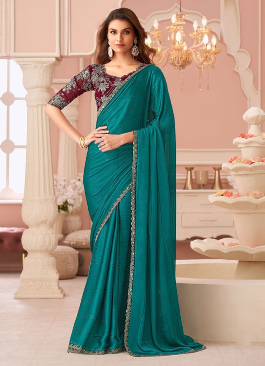 Elegant Purple Satin Shimmer Chiffon Georgette Embroidered Festive Saree For Women