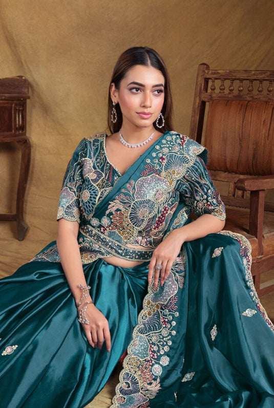 Elegant Blue Hand Embroidery Work Two Tone Satin Organza Silk Festive Saree with Belt